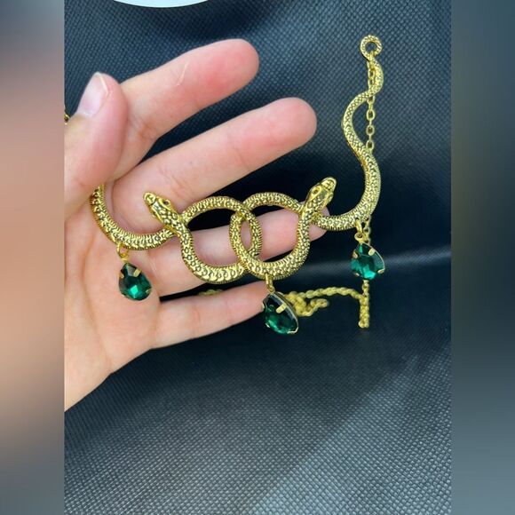 Anthro Vintage Inspired Gold Snake Necklace With Green Gemstones - Picture 12 of 14